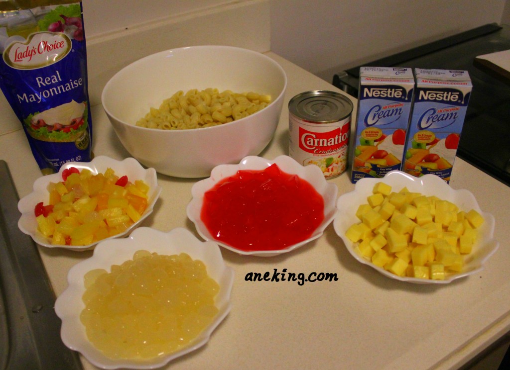 3. It’s now the time to prepare the ingredients in one table! This includes the cooked macaroni pasta, condensed milk, all purpose cream, fruit cocktail, cheese, nata de coco, kaong and Lady’